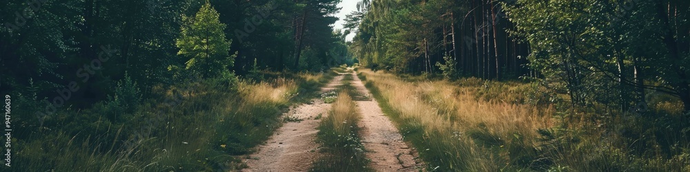 Poster pathway through a sparse forest open space in summer