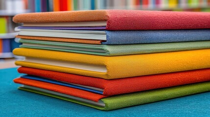 Fototapeta premium A vibrant stack of colorful notebooks neatly arranged on a desk, showcasing a variety of textures and hues for creative inspiration