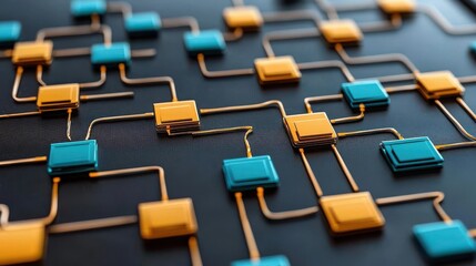 Obraz premium Abstract digital network with interconnected colored squares and lines, ideal for technology and innovation concepts.