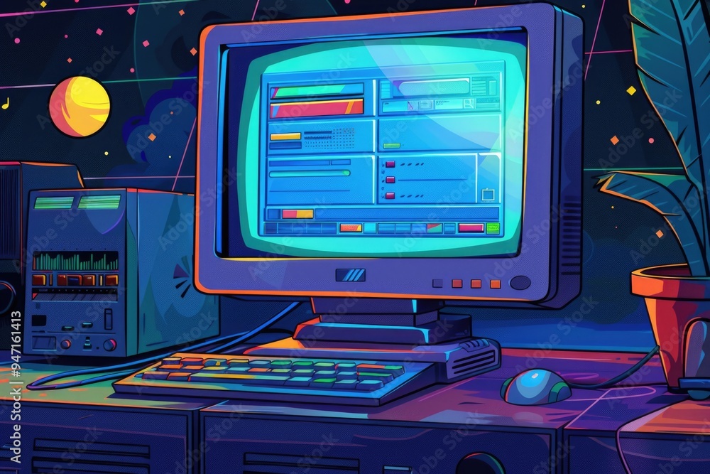 Poster a computer monitor sitting on a desk, perfect for office or home use