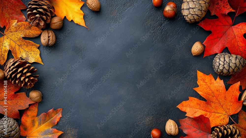 Poster colorful autumn leaves and pine cones arranged on a dark surface with nuts surrounding the seasonal 