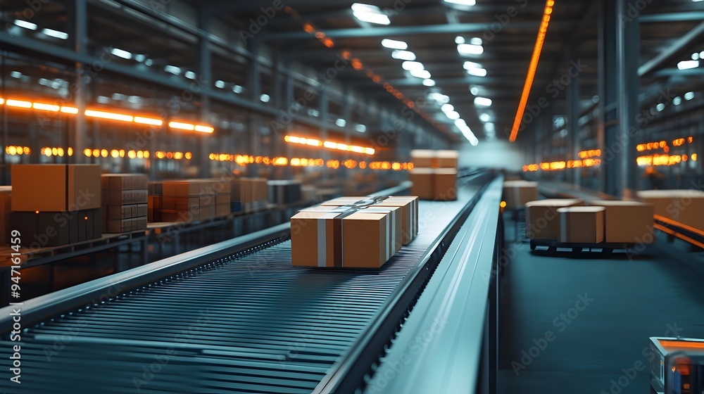 Fototapete automated conveyor system transporting packages in industrial factory setting