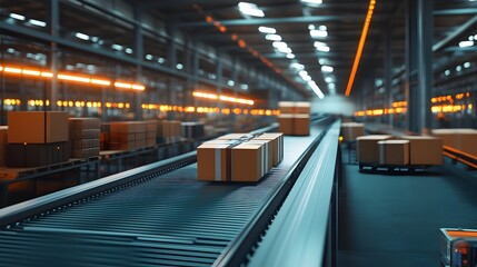 Automated Conveyor System Transporting Packages in Industrial Factory Setting