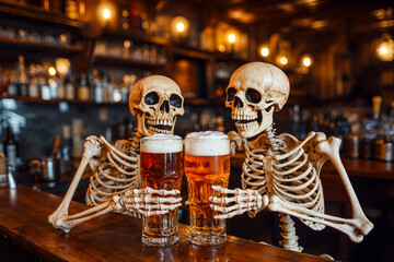 Two skeletons in a pub drinking beer, toasting, funny, humor