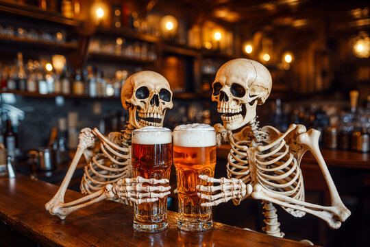 Two skeletons in a pub drinking beer, toasting, funny, humor