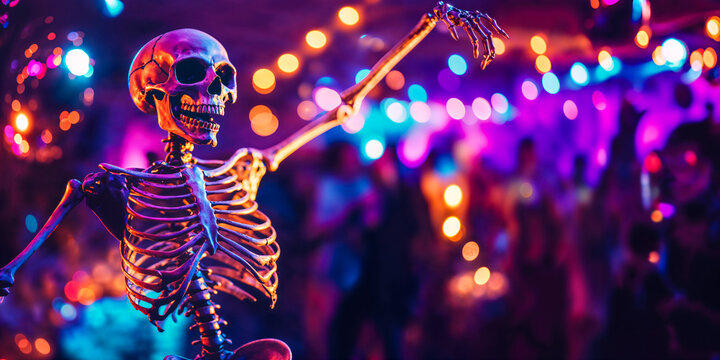 Skeleton dancing at a disco party, copyspace, Halloween, Day of the Dead, humor