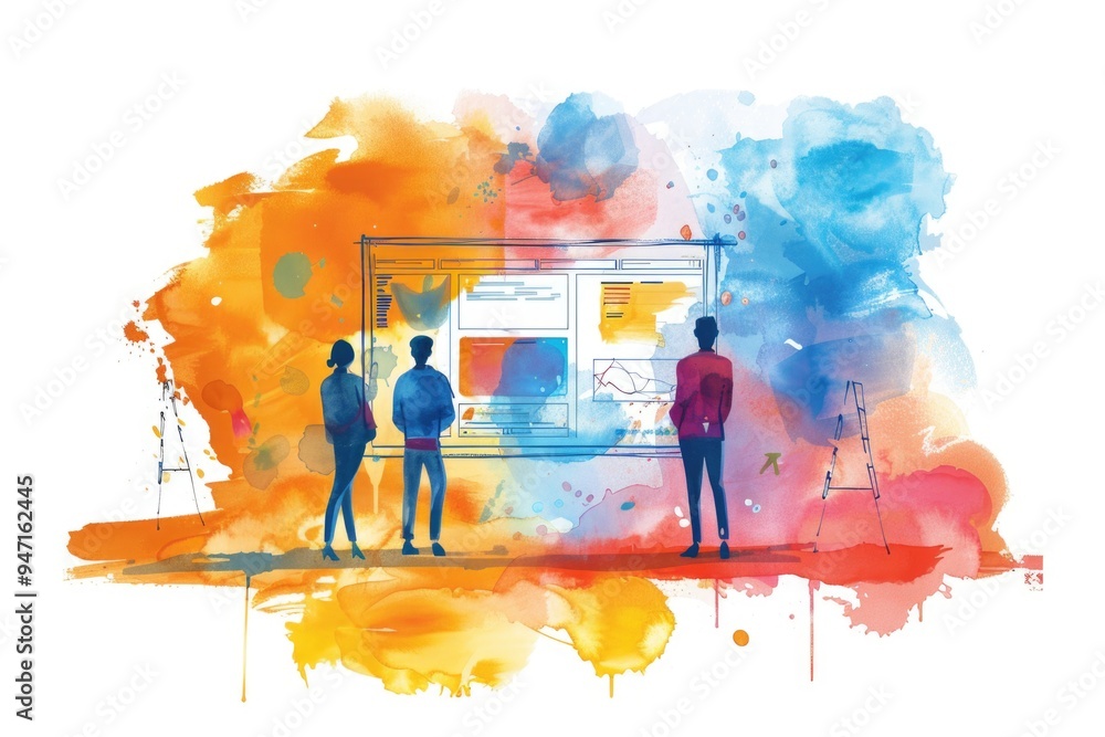 Poster two individuals standing in front of a digital screen, possibly at a presentation or meeting