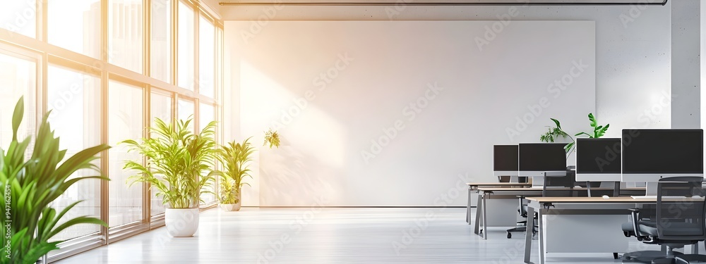 Poster bright and organized office space with computers and workstations