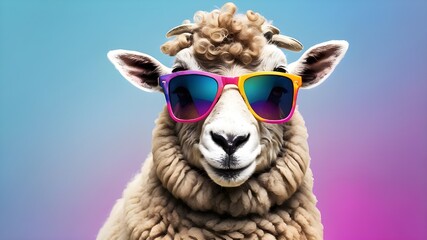 Isolated on a clear PNG backdrop, an abstract depiction of a fashionable sheep wearing sunglasses with multicolored fur on its skin, body, and hairs...