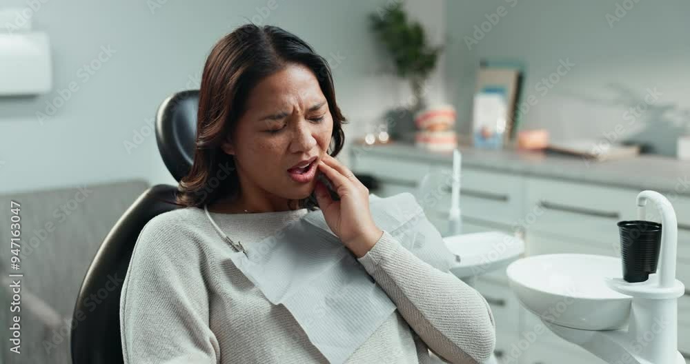 Wall mural Toothache, woman and dentist appointment for wellness or checkup in hospital or oral care clinic. Female person, mouth and pain at dental hygienist for cleaning, root canal treatment or extraction