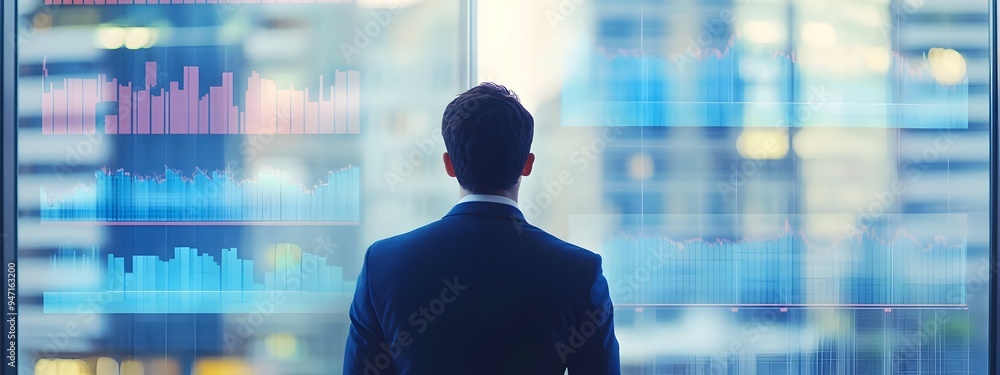 Poster Businessman Analyzing Financial Data with Empty Space for Copy