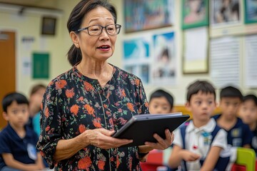 Asian Female Teacher Using Tablet In Classroom With Students