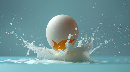 Studio shot of a cracked egg flying in the air against a blue backdrop. Generative AI.