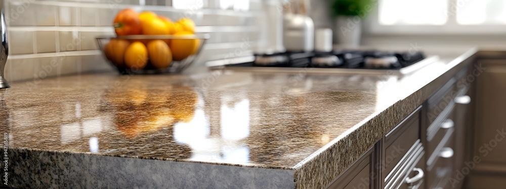 Poster clean and bright kitchen countertop with ample space for text or graphic