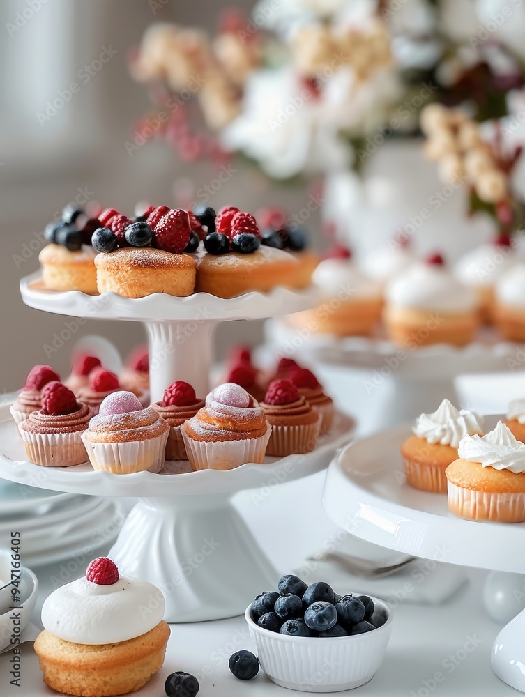 Poster a beautiful and elegant summer high tea with different mini cakes on fancy stand on a white table ag