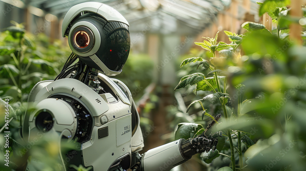 Aufkleber a robot working in a futuristic greenhouse. generative ai.