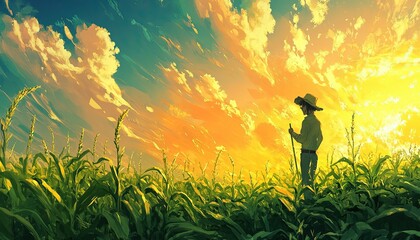 Fototapeta premium Sunset over Cornfield with Farmer Silhouetted