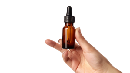 Hand holding oil serum , dropper isolated on white background
