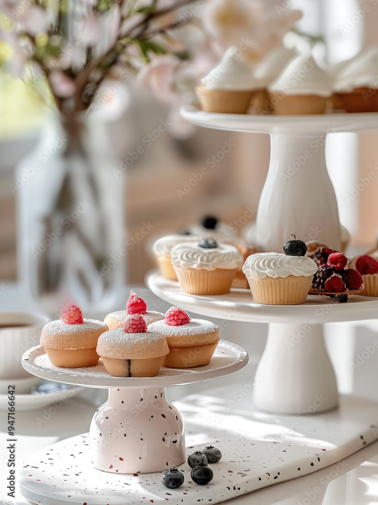 Poster A beautiful and elegant summer high tea with different mini cakes on fancy stand on a white table against a plain light background. Generative AI.