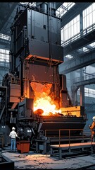Anime picture of an ultra-modern steel mill. The image shows the process of steel smelting