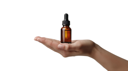 Hand holding oil serum , dropper isolated on white background