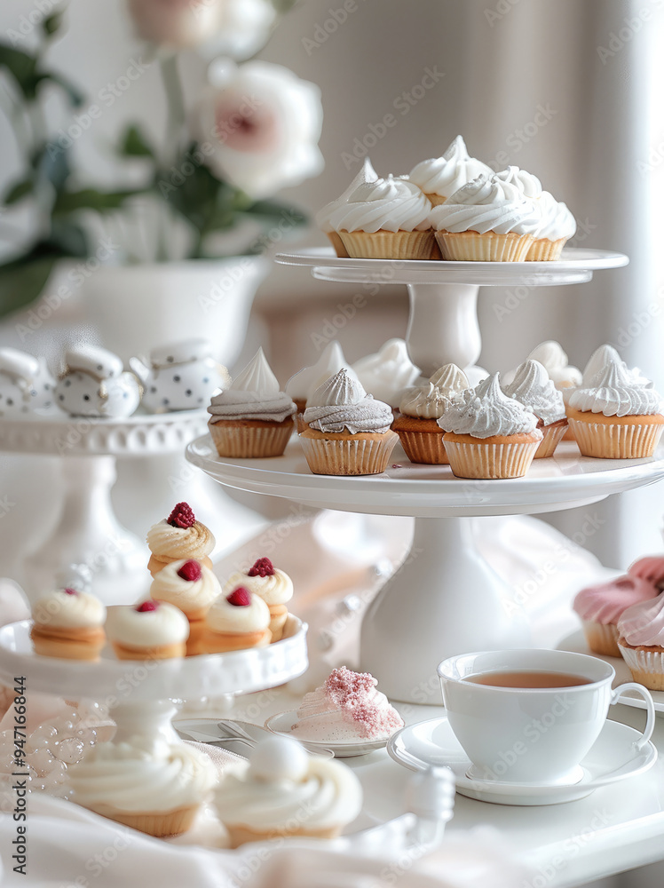 Poster A beautiful and elegant summer high tea with different mini cakes on fancy stand on a white table against a plain light background. Generative AI.