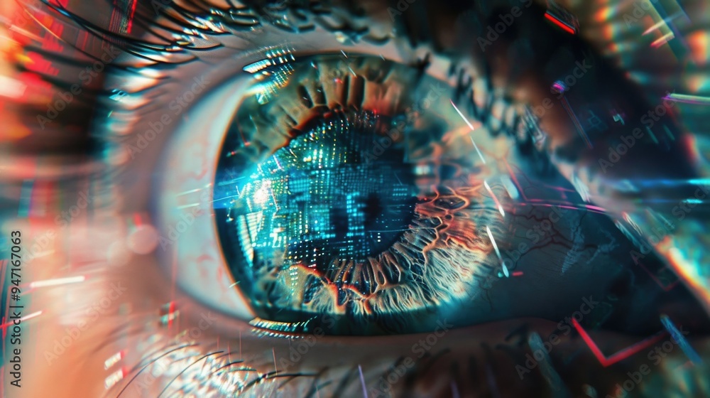 Poster A detailed view of an eye with a circuit installed in the iris, used for various futuristic or sci-fi themed concepts