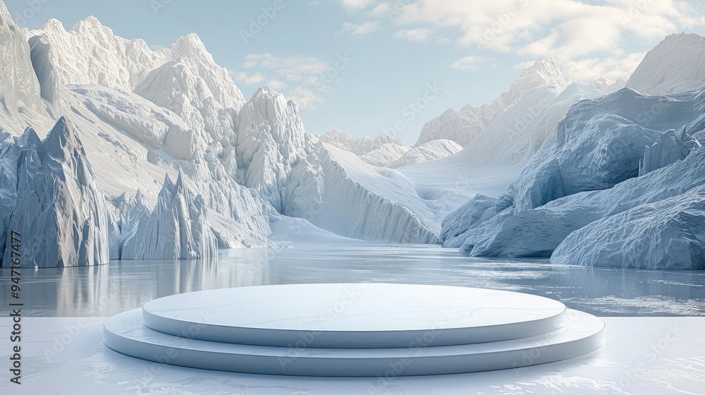 Poster white circular podium with ice landscape background. minimalist scene for product display presentati