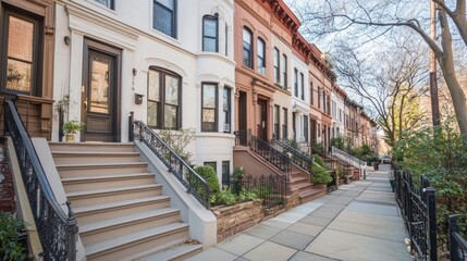 Obraz premium Row of Brownstone Houses on a Residential Street