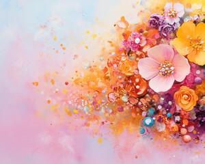 A painting of a flower bouquet with a pink background. The flowers are in various colors and sizes, and there are many small beads scattered throughout the painting
