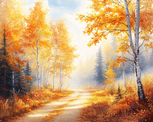 Fototapeta premium A painting of a forest with trees in autumn colors. The painting has a serene and peaceful mood, with the sun shining through the trees and casting a warm glow on the landscape