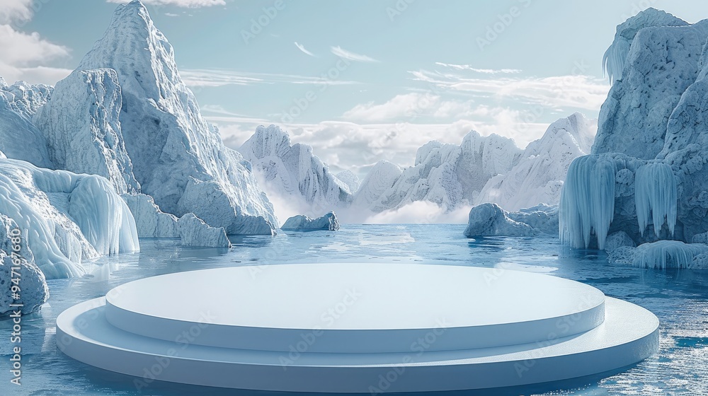 Aufkleber white circular podium with ice landscape background. minimalist scene for product display presentati