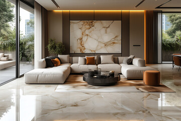 Modern Living Room with Large Windows and Colorful Accents