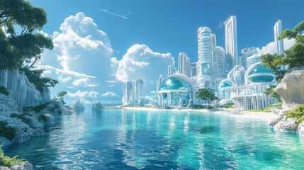 A surreal 3D landscape showcasing a blue ocean surface, smooth and shiny terrain, digital spray guns, and quantum waves gathering to create a peaceful atmosphere.