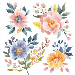 Obraz premium Beautiful watercolor floral arrangements featuring various flowers and leaves. soft colors and delicate details create serene and artistic vibe.