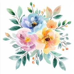A vibrant watercolor floral arrangement featuring pink, blue, and orange flowers with green leaves, evoking sense of beauty and tranquility.