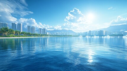 Fototapeta premium A surreal 3D landscape showcasing a blue ocean surface, smooth and shiny terrain, digital spray guns, and quantum waves gathering to create a peaceful atmosphere.