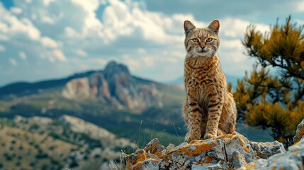Fototapeta premium A Tabby Cat Perched on a Rocky Mountaintop