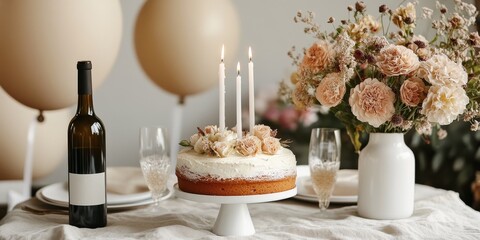 Minimalist style dining table arrangement, linen tablecloth, wine bottles, tall candles in white jars, bouquets in Scandinavian vases, and a birthday cake with candles on top.
