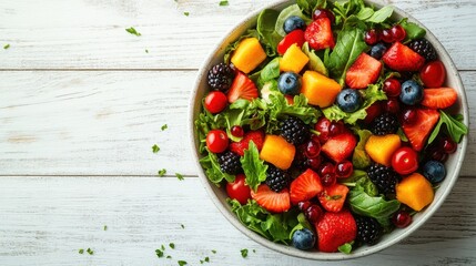 Close-Up of Vibrant Salad with Fresh Vegetables, Fruits, and Berries in Bowl on White Wooden Table, Sharp Focus, High-Resolution Digital Photography