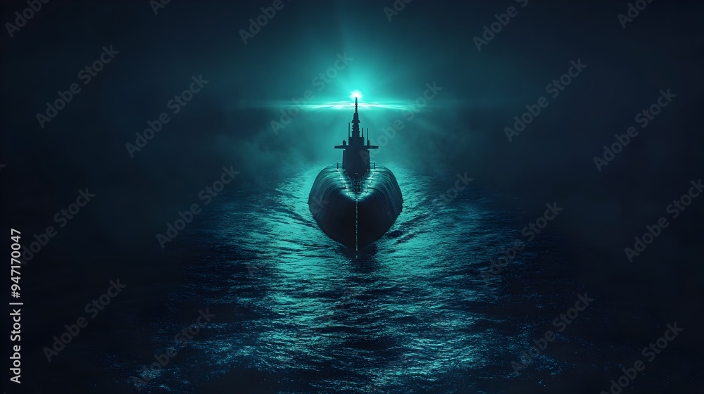 Poster destroyer s radar detecting approaching submarine in vast ocean