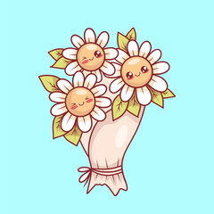 Festive bouquet with cute white chamomile flowers and leaves. Funny holiday kawaii cartoon character. Vector illustration