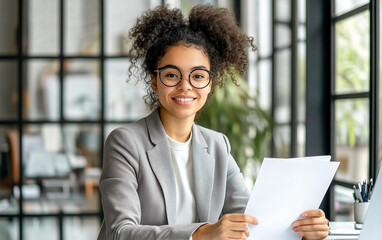 businesswoman holding paper in modern office