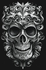 Fototapeta premium Ornate Skull Illustration Black and White Design Element