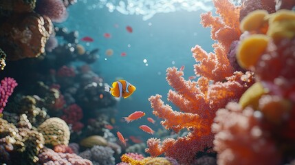Obraz premium Colorful Coral Reef with Clownfish and Sunlight
