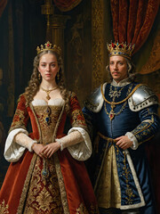 Renaissance-style portrait of a king and his queen, Generative AI