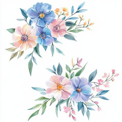 Beautiful watercolor floral arrangement featuring soft pastel colors and delicate leaves. Perfect for spring themes and decorative purposes.