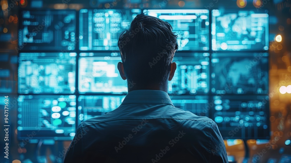Poster Man working with advanced AI-powered remote monitoring system for industrial operations ensuring safety and efficiency. Generative AI.