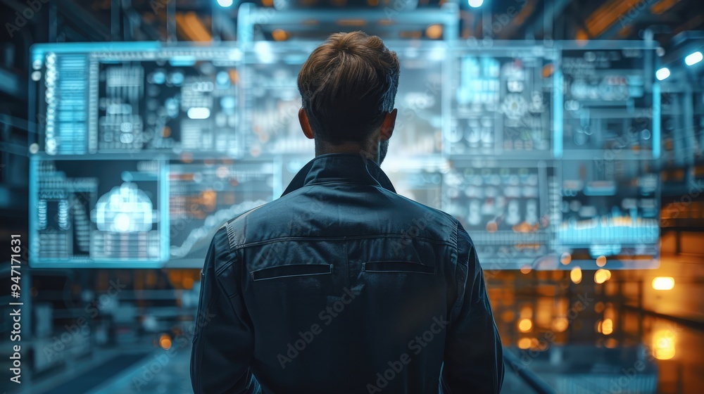 Poster Man working with advanced AI-powered remote monitoring system for industrial operations ensuring safety and efficiency. Generative AI.