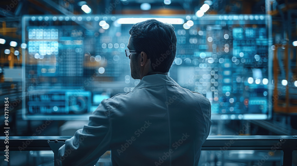 Poster Man working with advanced AI-powered remote monitoring system for industrial operations ensuring safety and efficiency. Generative AI.